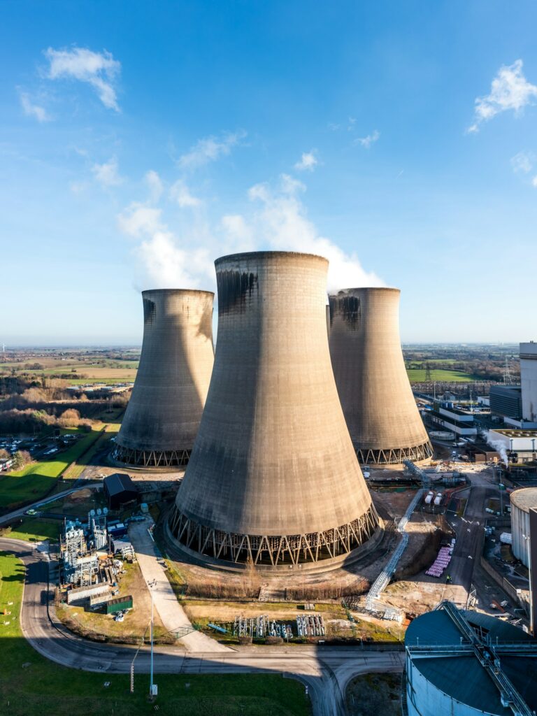 Vertical aerial view of cooling towers at a nuclear power plant